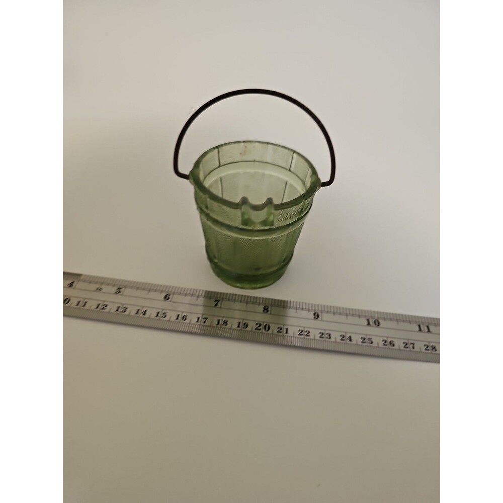 Vintage Hazel Atlas Little Bucket Ashtray With Handle Green Glass 2  3/8”